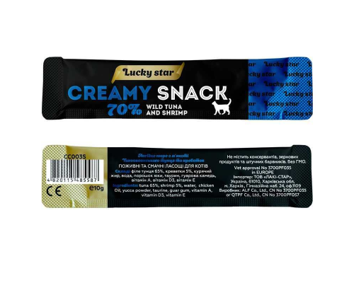 Лакомство для котов Creamy Snacks Tuna нежное пюре тунца и креветки 10 г Lucky Star
