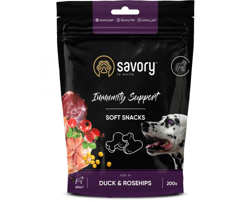 Ласощі для собак Immunity Support Soft Snacks для зміцнення імунітету з качкою та шипшиною 200 г Сейворі Savory