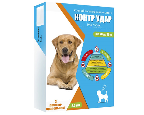 Краплі на холку для собак 20-40 кг Контр Удар 3 мл профілактика та лікування в разі ураження ектопаразитами №3 Круг
