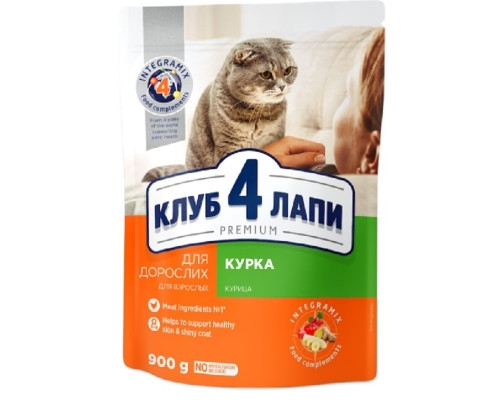 Сухой корм для взрослых котов Premium Adult Cats Chicken с курицей 900 г Клуб 4 лапы