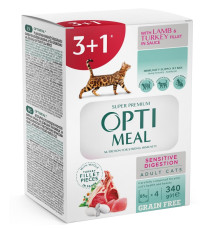 Корм для котів 3+1 Adult Cats Sensitive Digestion Lamb and Turkey з ягням і філе індички в соусі 340 г Optimeal