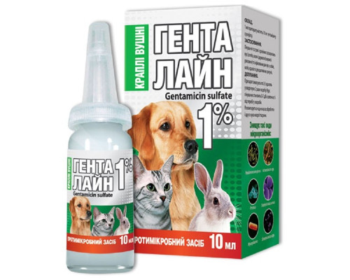 Краплі вушні для собак і котів Генталайн 1% лікування захворювань та інфікованих ран вух 10 мл O.L.KAR 