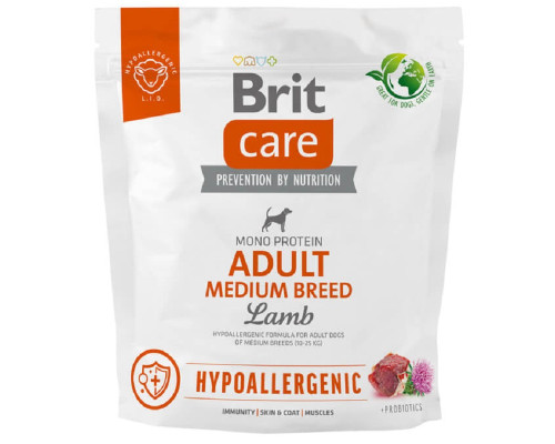 Сухий корм для собак від 10 до 25 кг Dog Hypoallergenic Adult Medium Breed з ягнятком 1 кг Brit Care
