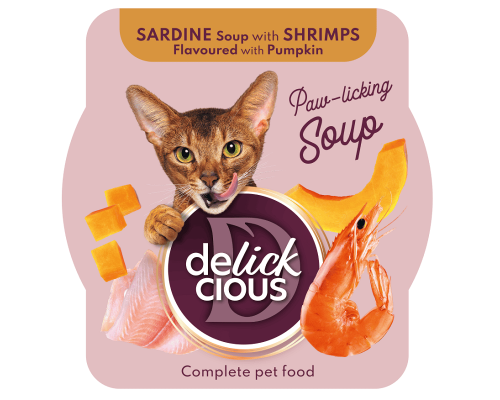 Корм для котов Sardine Soup with Shrimps Flavoured with Pumpkin суп из сардины с креветками и добавлением тыквы 80 г Delickcious
