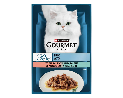Корм для котов Gourmet Perle Duo лосось и сайда в подливе 85 г Purina
