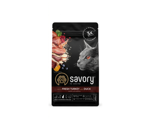 Сухой корм для стерилизованых котов Adult Cat Steril Fresh Turkey and Duck из свежего мяса индейки и утки 0,4 кг Savory