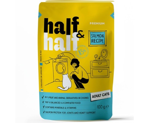 Корм для взрослых кошек Half and Half кусочки с лососем в желе 100 г Half&Half