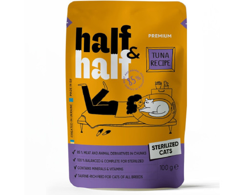 Корм для стерилизованных кошек Half and Half кусочки с тунцом в соусе 100 г Half&Half