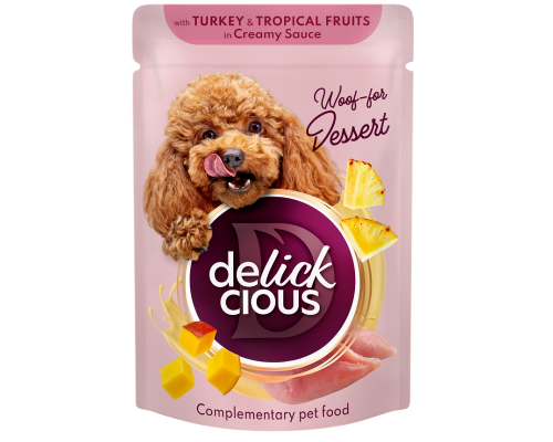 Корм для собак Turkey and Tropical Fruits in Creamy Sauce с индейкой и тропическими фруктами в сливочном соусе 80 г Delickcious