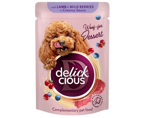 Корм для собак Lamb & Wild Berries in Creamy Sauce с ягнятиной и лесными ягодами в сливочном соусе 80 г Delickcious