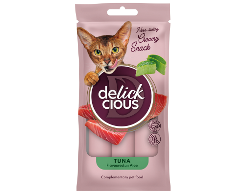 Лакомство для котов Tuna Flavoured with Aloe кремовое лакомство тунец с добавлением алоэ 4 шт*15 г Delickcious