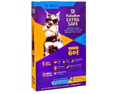 Капли на холку для собак 10-20  кг Dog Extra Safe 6 in 1 от блох и глистов №1 Palladium