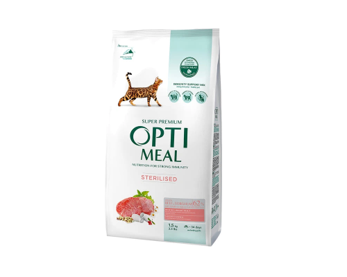 Сухой корм для стерилизованых котов Adult Cat Sterilised Beef and Sorghum с говядиной и сорго 1,5 кг Optimeal