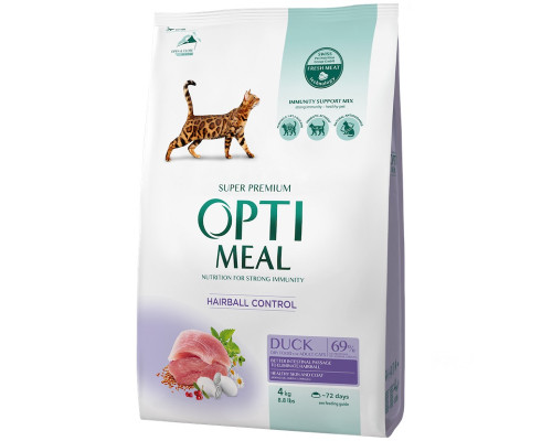 Сухой корм для котов Adult Cat Duck Hairball Control с уткой для выведения шерсти 4 кг Optimeal