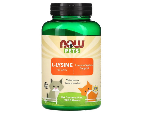 Порошок для кошек L-lysine для поддержания иммунной системы дыхательных путей и глаз 226.8 г Now Foods