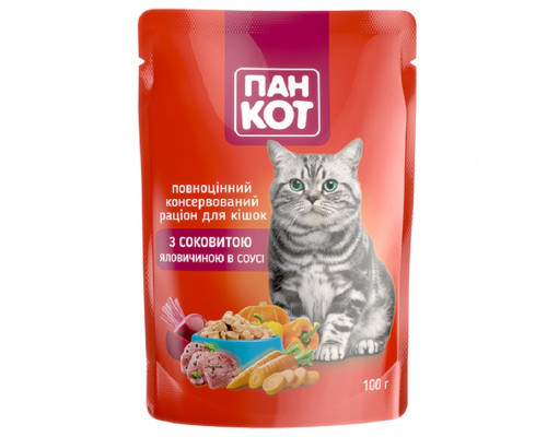 Корм для котів із соковитою яловичиною в соусі 100 г Пан Кіт