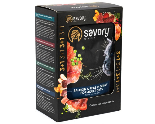Корм д/кот Сейвори 3+1 SAVORY пауч лосось с горошком 4*85 г Savory