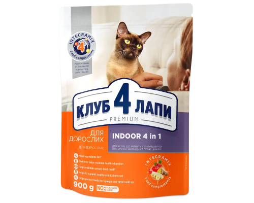 Сухий корм для дорослих котів Adult Cats Indoor 4 in 1 що живуть у приміщенні 900 г Клуб 4 лапи