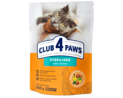 Сухой корм для стерилизованых котов с курицей Adult Cats Sterilisedl 900 г Клуб 4 лапы