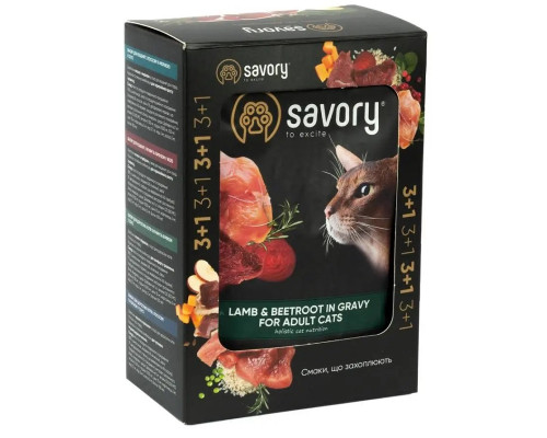 Корм для котов 3+1 Adult Cats with Lamb and Beetrot in Gravy кусочки ягненка со свеклой в соусе 4*85 г Savory