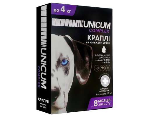 Краплі на холку Unicum Сomplex від бліх кліщів та гельмінтів для собак 0-4 кг №4 Unicum