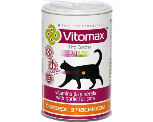 Таблетки для кошек Vitomax Фито Биостим витаминый комплекс с пивными дрожжами и чесноком №300 Vitomax