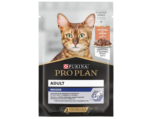 Корм для котов живущих в помещении  Pro Plan Indoor with Salmon in gravy кусочки лосося в соусе 85 г Purina