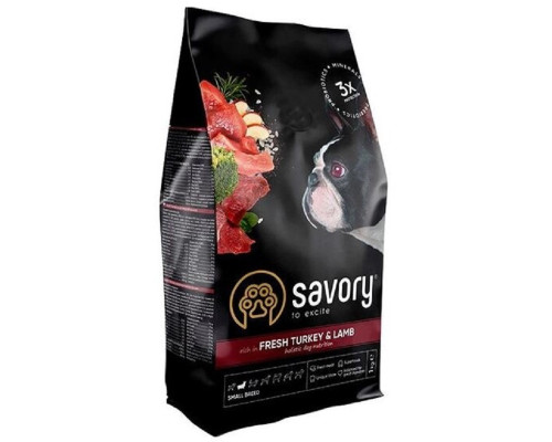 Сухой корм для собак малых пород Small Breed rich in Fresh Turkey & Lamb со свежим мясом индейки и ягненка 1 кг Savory