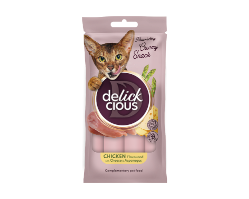 Лакомство для котов Delickcious крем-снек курица с добавлением сыра и спаржи 4 шт*15 г