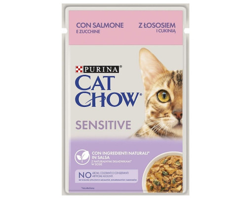Корм для котів з чутливим травленням Cat Chow Adult лосось та цукіні в підливі 85 г Purina