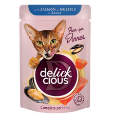 Корм для котів Salmon & Mussels in Sauce шматочки з лососем і мідіями в соусі 85 г Delickcious