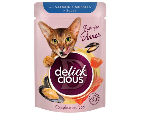 Корм для котов Salmon & Mussels in Sauce кусочки с лососем и мидиями в соусе 85 г Delickcious