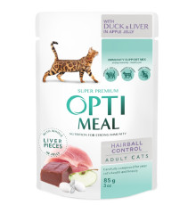 Корм для котів Hairball Control Duck and Liver для виведення вовни з качкою та шматочками печінки у яблучному желе 85 г Optimeal
