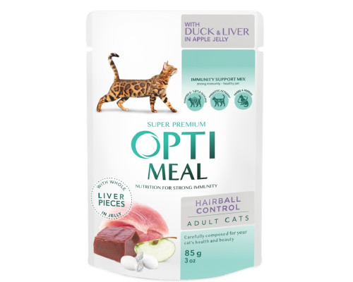 Корм для котов Hairball Control Duck and Liver для выведения шерсти с уткой и кусочками печени в яблочном желе 85 г Optimeal