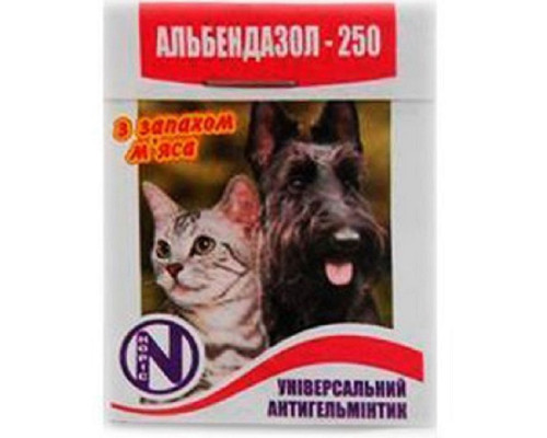 Таблетки для собак и котов Альбендазол-250 антигельмитик широкого спектра действия 1 таблетка на 10 кг веса Норис